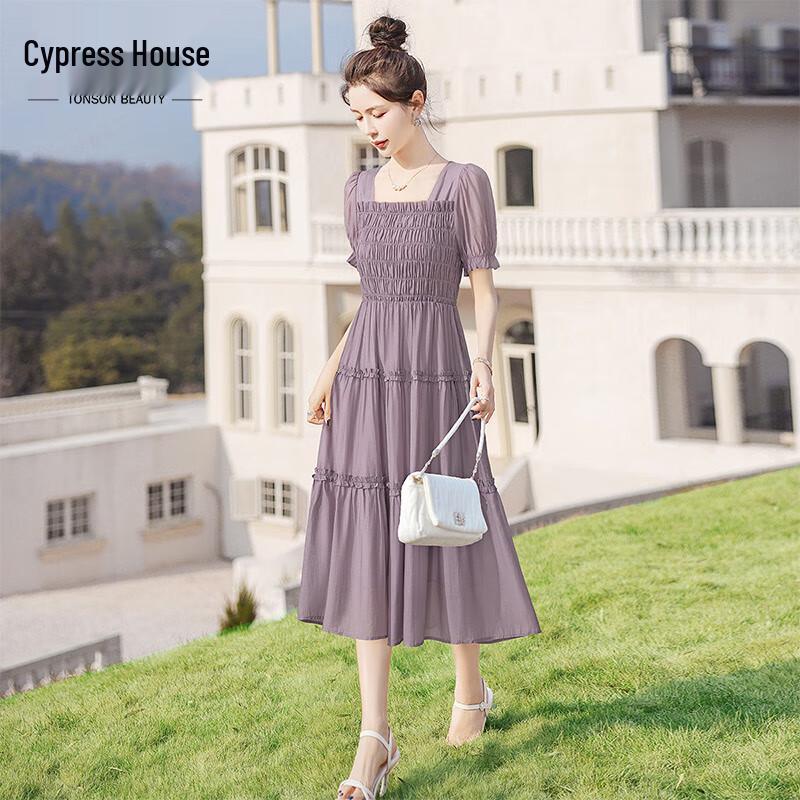 

Women s Elegant Square Neck Puff Sleeve Mid-Length Dress XL