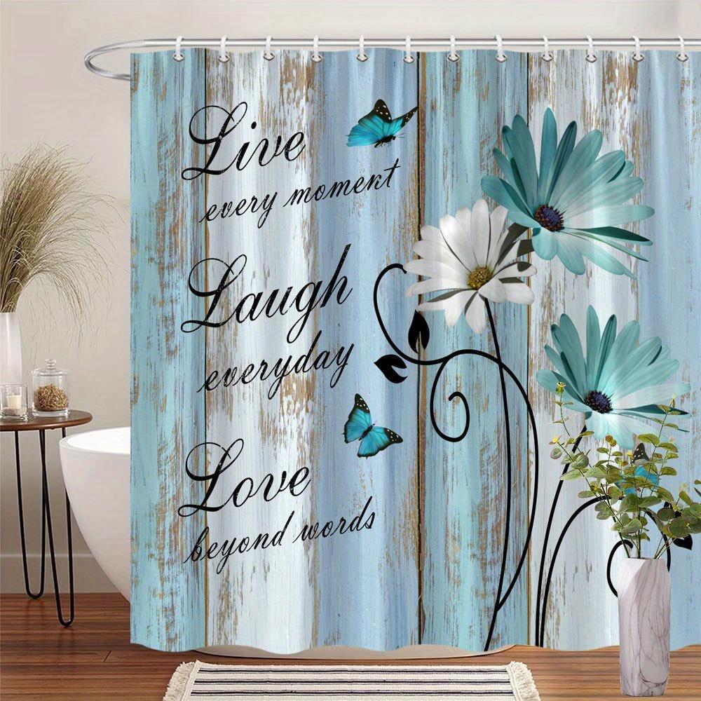"Daisies & Butterflies Curtain - Live Every Moment Quote, Distressed Blue, Polyester, 12 Hooks, 70In, Machine Washable"