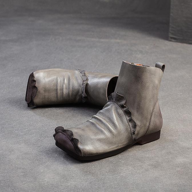 Johnature Kurze Stiefel aus weichem Rindsleder mit quadratischer Zehenpartie, vielseitige, bequeme Damenschuhe aus echtem Leder im Retro-Stil