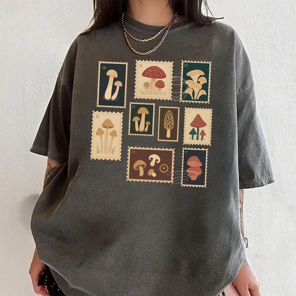 Summer Womens Vintage Mushroom Print TShirt Cotton and Breathable Short Sleeve Streetwear Oversized Loose Casual