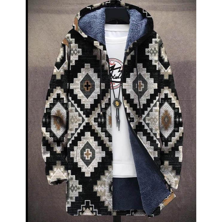 Men Cardigans Coats Geometric Stripe Square Printed Plush Thick Winter Abstract Art Graphics Jackets Casual Streetwear Clothing