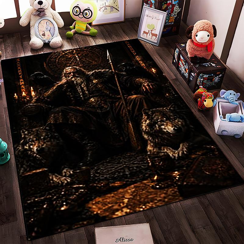 Viking King with Wolves Design Rug Non-slip rug suitable for living room and bedroom sofas