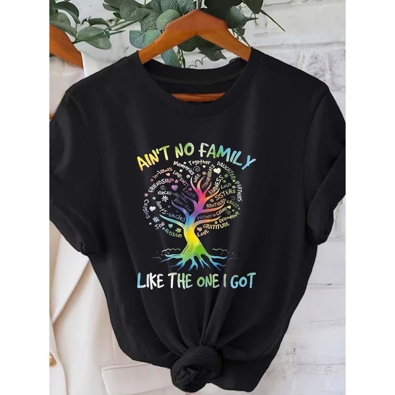 

European Size Woman S Short Sleeve Crew Neck T-Shirt |Tree Gratitude Graphic Print with Ain t No Family Like The One I Got ,Colorful Heart and Tree 4XL