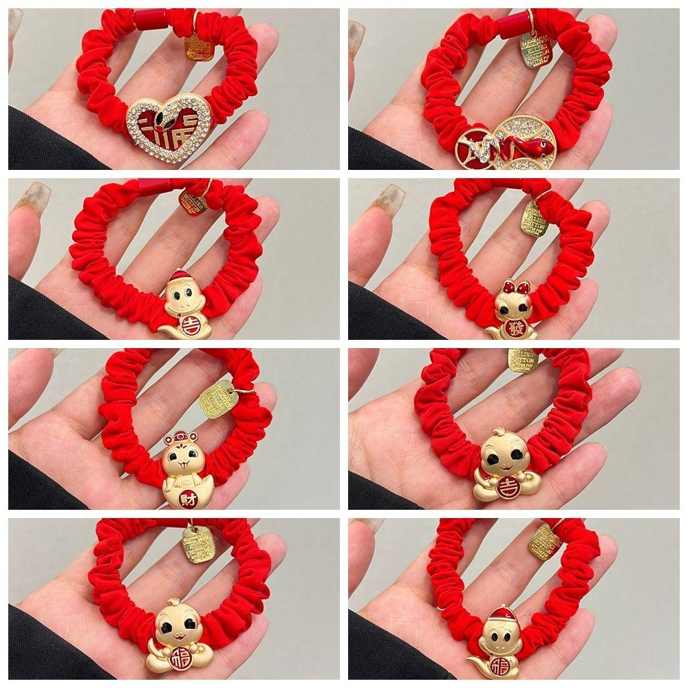 Rhinestone New Year Hair Rope Red Chinese Style Bracelet Elastic Snake Year Hair Ring  Girls