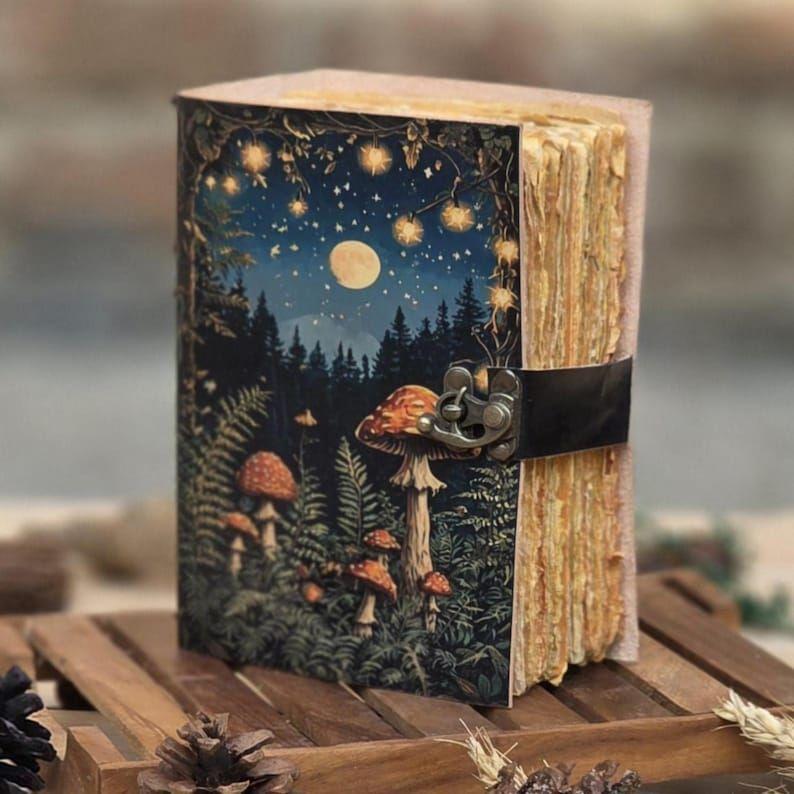 Handmade Leather Journal with Lock: Mushroom & Fairy Tale Grimoire
