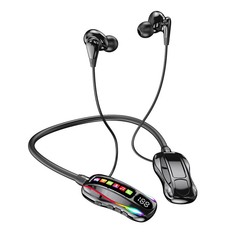 Wireless Neckband Bluetooth Headphones with Long Battery, Memory Card Slot, K-Song Ear Monitor, and HD Call Function.