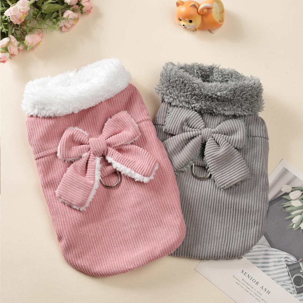 Warm Puppy Costume Cute Winter Thicken Fleece Pet Clothes With D-ring Bow For Small Dogs Cats French bulldog Chihuahua Outfits