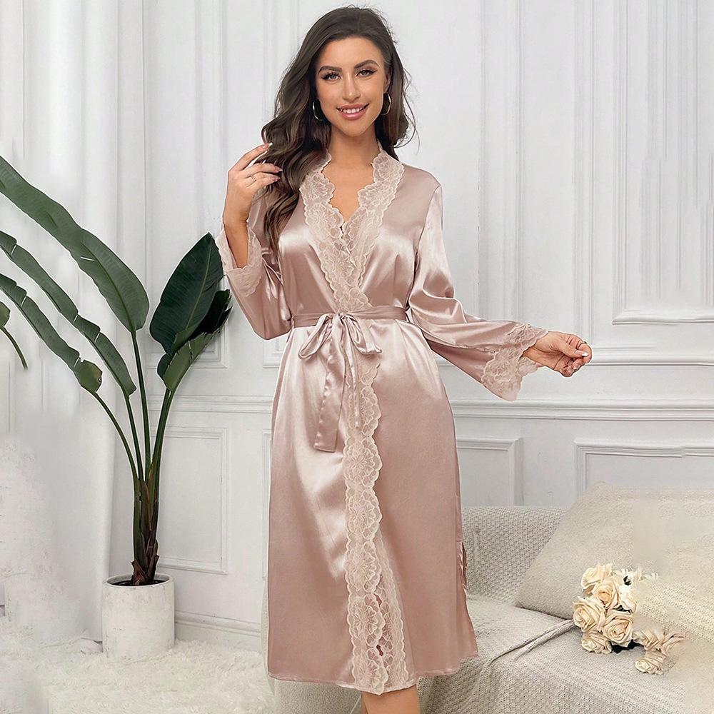 Satin Lace Sleepwear Set Luxury Long Sleeve Robe Cooling Nightgown Sexy Loungewear Bathrobe Women Elegant Home Dress