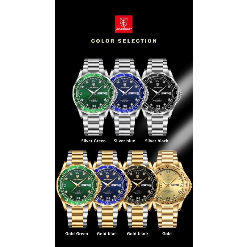 POEDAGAR Fashion Luxury Man Clock Waterproof Luminous Date Week Wristwatch Stainless Steel Quartz Business Watches for Men