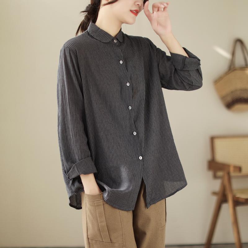 Women s Retro Pinstripe Cotton Linen Long Sleeve Shirt - Elegant, Casual Autumn Lapel Top M