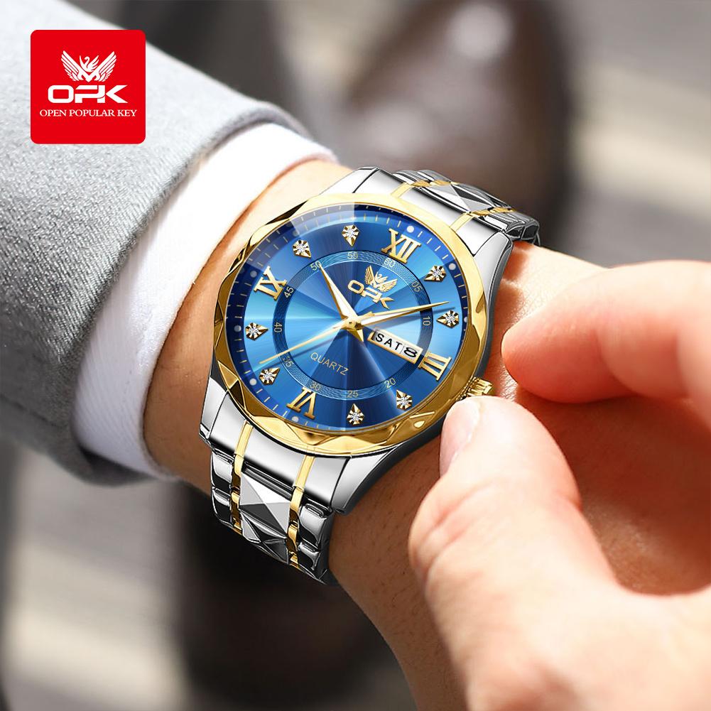 OPK Brand Original Men's Watches Waterproof Week Calendar Quartz Watch for Men Fashion Luminous Diamond Scale Watch