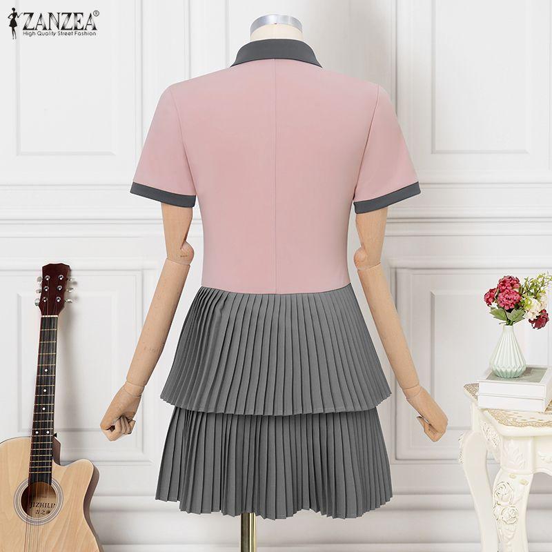 ZANZEA Women Summer Casual Short Sleeve Splice Polo Dress