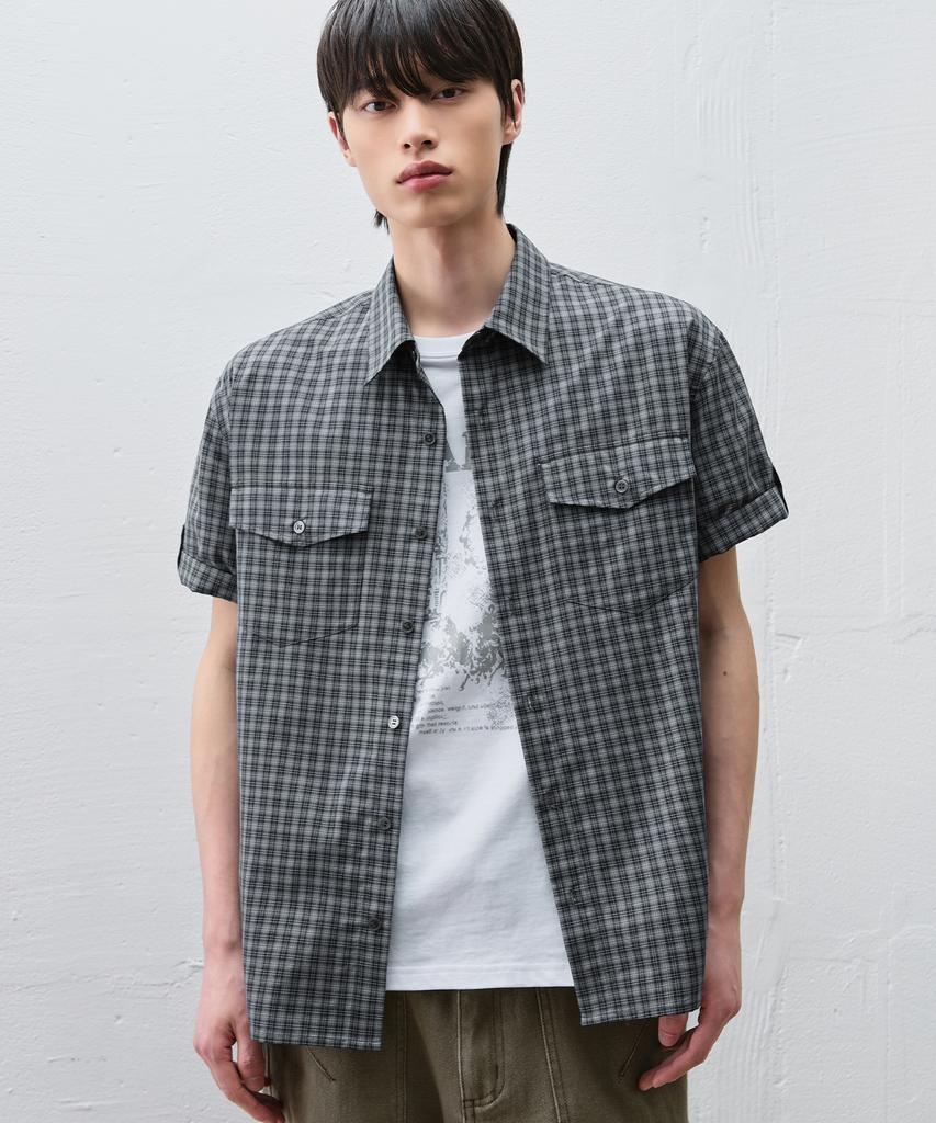 DRAW FIT Lark Roll-Up Check Half Shirt [Blue Grey]