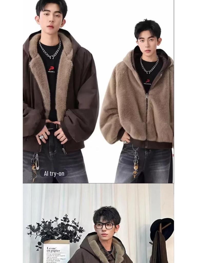 Trendy Reversible Men's Faux Rabbit Fur Cotton Jacket - Warm Hooded Winter Coat