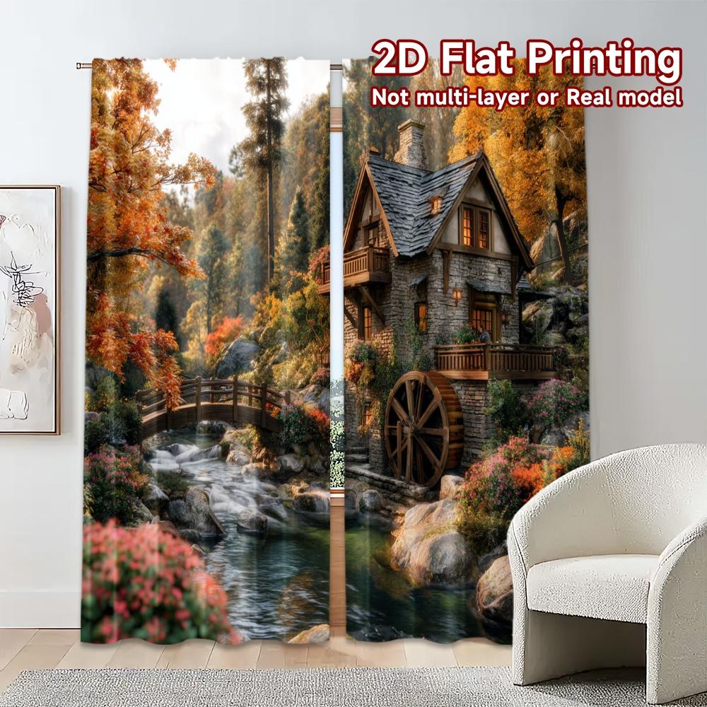 2pcs, 2D FLAT PRINTING Curtains (Without Rod) Autumn Cottage Chic Curtain Fabric Yarn Curtains Thermal Insulation, and Room