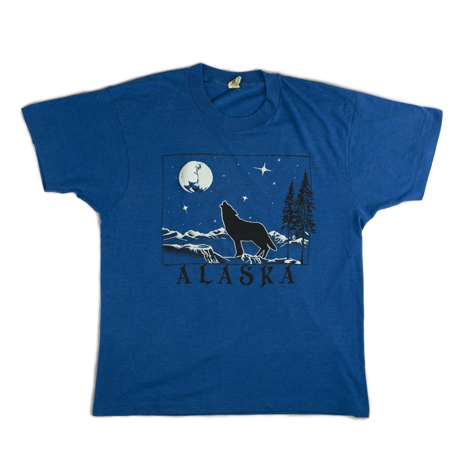 Vintage 1980 s Alaska Tee Shirt Vtg 80s 1980s Puff Print Wolf Screen Stars Tree 3XL