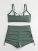 Plus Size Tie-Up Solid Color Bikini with Split and Flat Leg Swim Trunks (European & American Style, 2026)