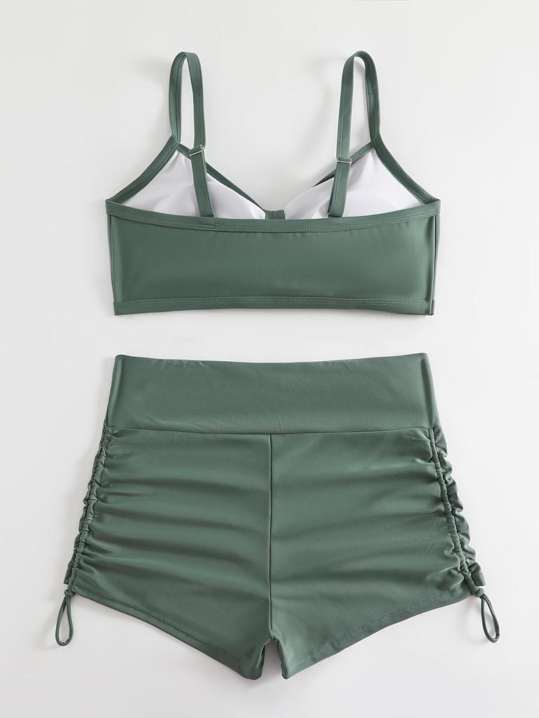 Plus Size Tie-Up Solid Color Bikini with Split and Flat Leg Swim Trunks (European & American Style, 2026)
