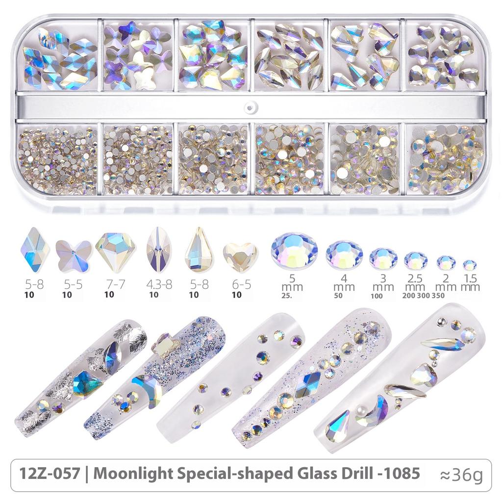 Broca para Nail Art 12 Compartimentos Strass Fundo Plano Broca Formato Especial Unha Vidro AB Aurora Transparente Broca Unha Conjunto de Joias para Nail Art