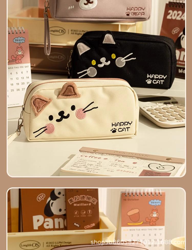 Adorable Cat Embroidered Large-Capacity Stationery Pencil Case for Girl Students