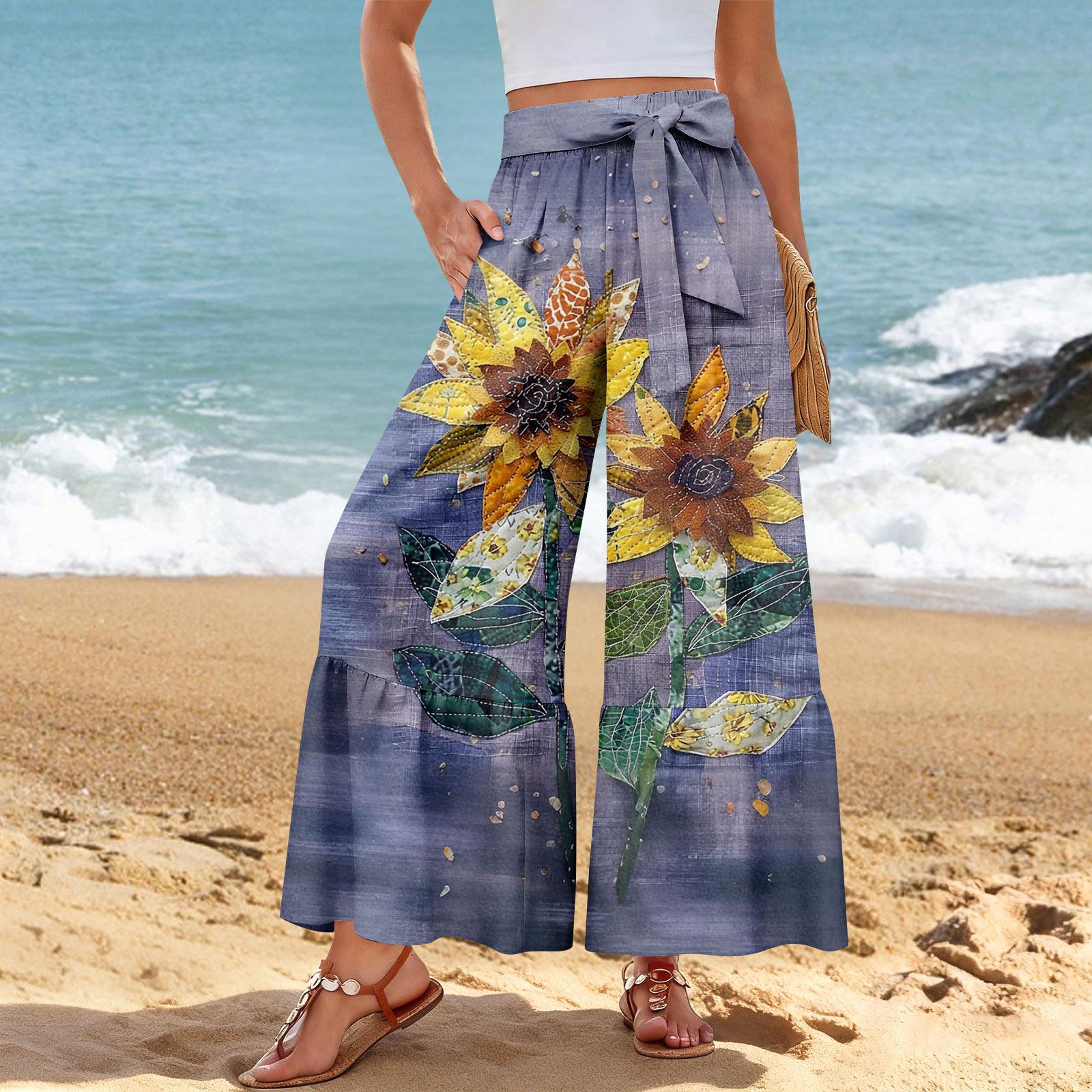 

Women s Wide-Leg Casual Pants, Stretch, High Waist, Ruffled Hem, Wide Legs, Belted, And Pockets M