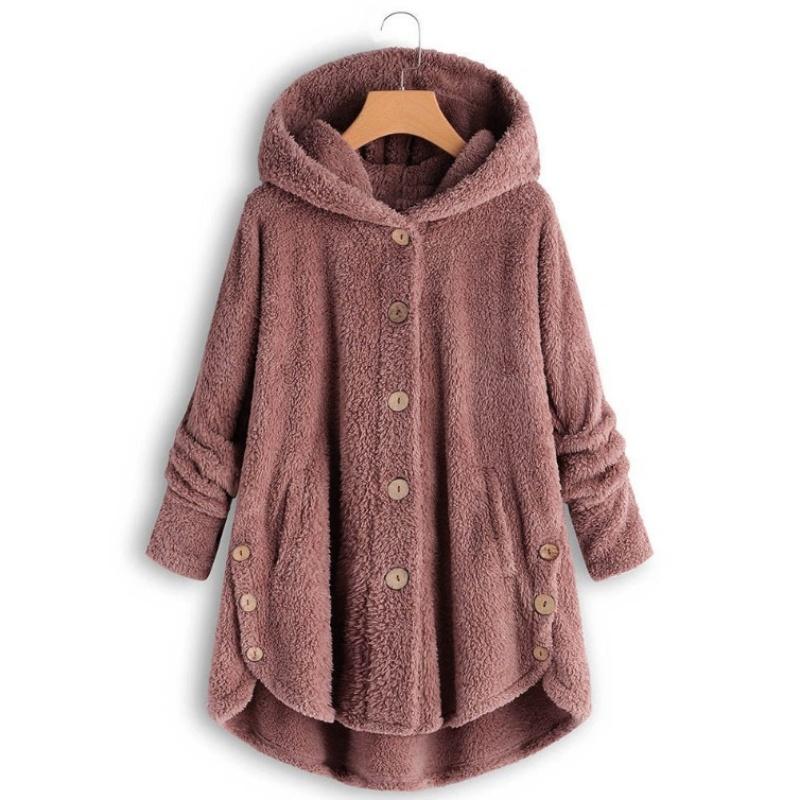 Fashion Autumn Winter Women's Solid Button Coats Ladies Warm Bear Loose Outwear Female Plush Coat Hooded Wool Jackets