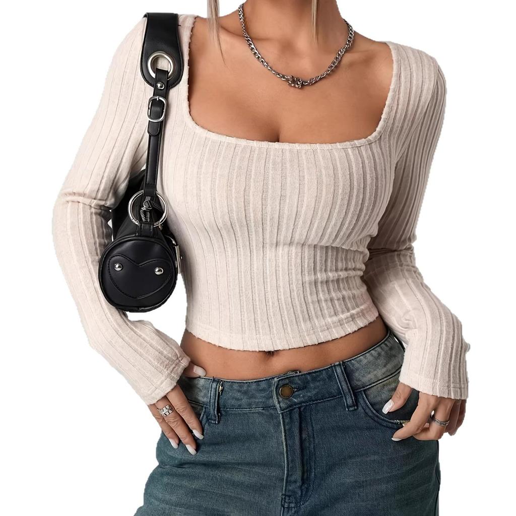 2025 Women's Solid Color Long Sleeve Ribbed Casual T-shirt