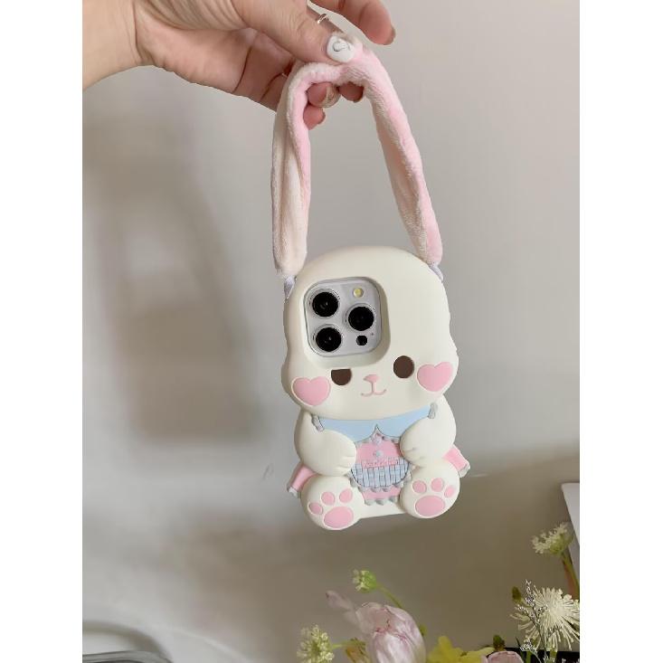 3D Cartoon Plush Long Ears Rabbit Phone Case For IPhone 17 16 15 14 13 Pro Max 14 15 Plus Soft Silicone Back Cover