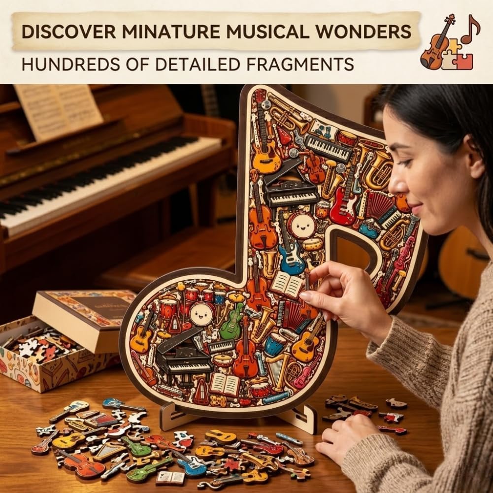 3D Wooden Music Note Puzzle with Multiple Internal Pieces and Classic Note Frame Musical Instrument Jigsaw Decoration for Display