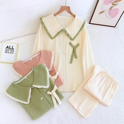 New Women's Pajama Suit 100% Cotton Crepe Sweet Lovely Long-sleeved Trousers Two-piece Home Wear Thin Sleepwear Women