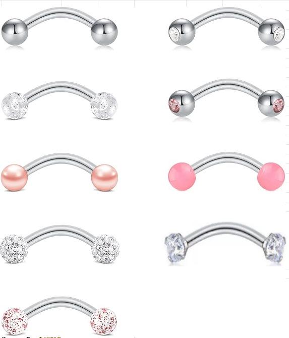 10-Piece 16G Stainless Steel Zircon Fashion Earrings & Eyebrow Rings Set