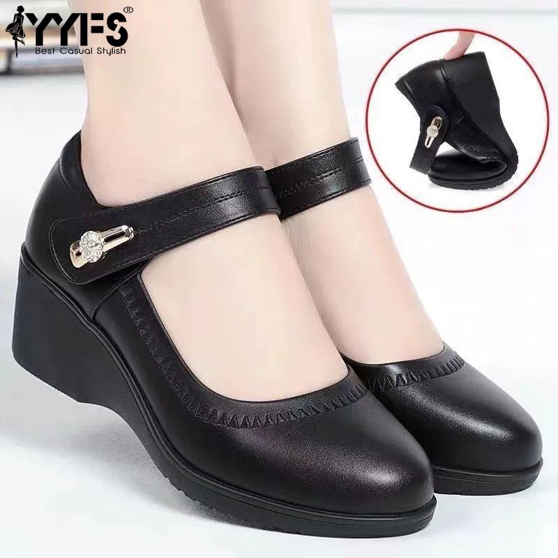Soft Leather, Soft Sole, Mother's Leather Shoes, Spring and Autumn, New Styles, Soft Sole, Non-slip, Sloping Heel Shoes