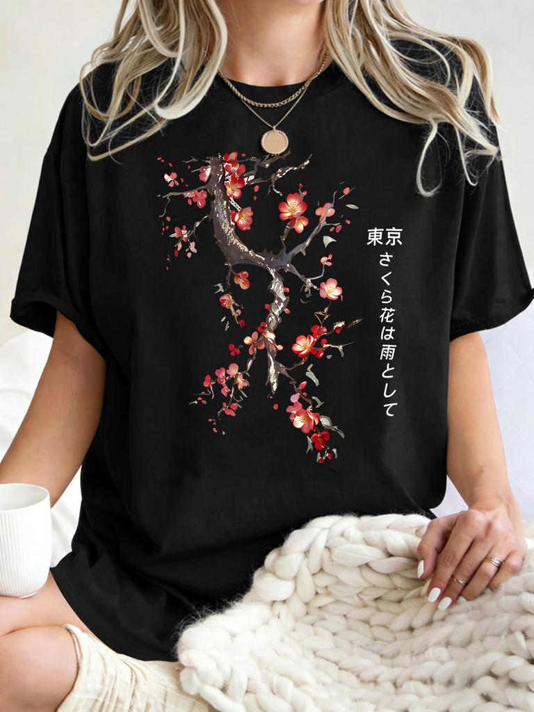 Dámské tričko Harajuku s potiskem třešňových květů, kulatý výstřih, krátký rukáv, volný bavlněný Streetwear Hip Hop Top