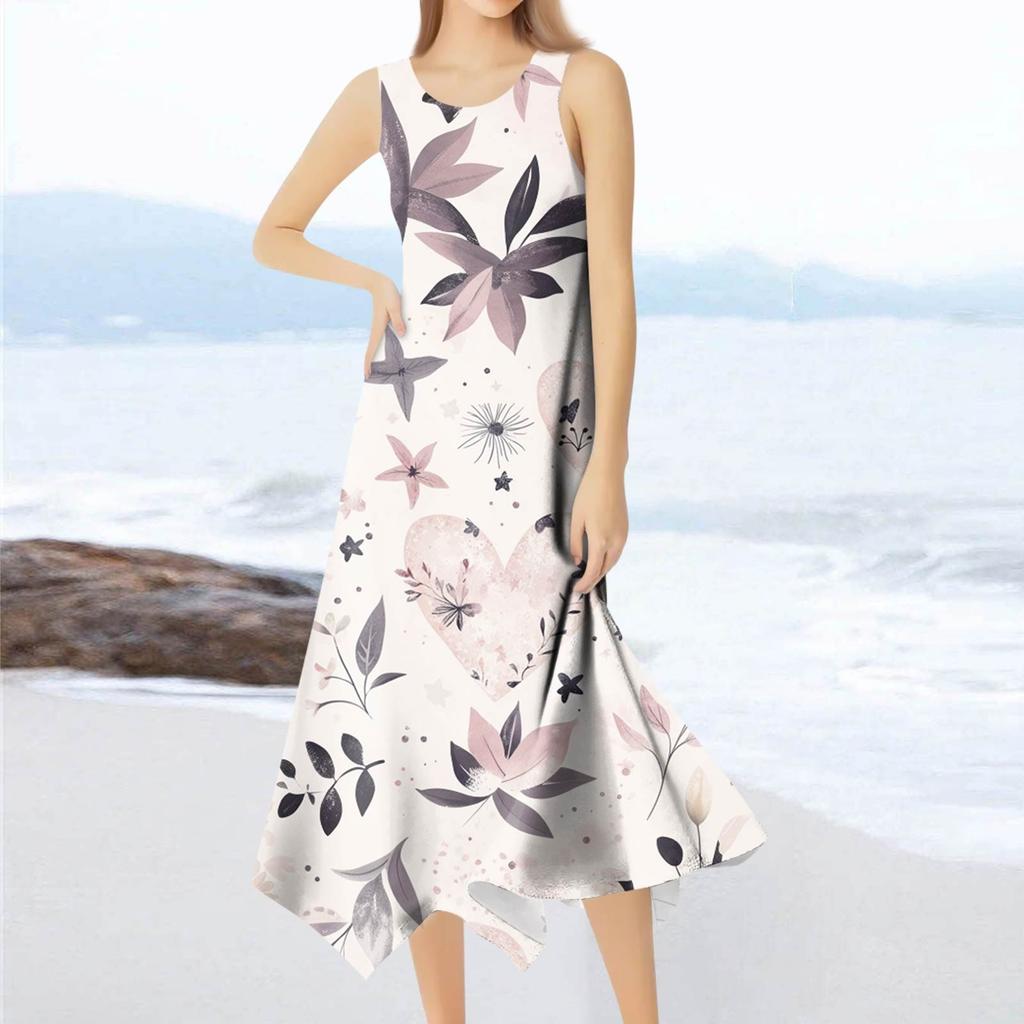 Women's Casual Fashion Round Neck Sleeveless Floral Print Irregular Hem Midi Dress