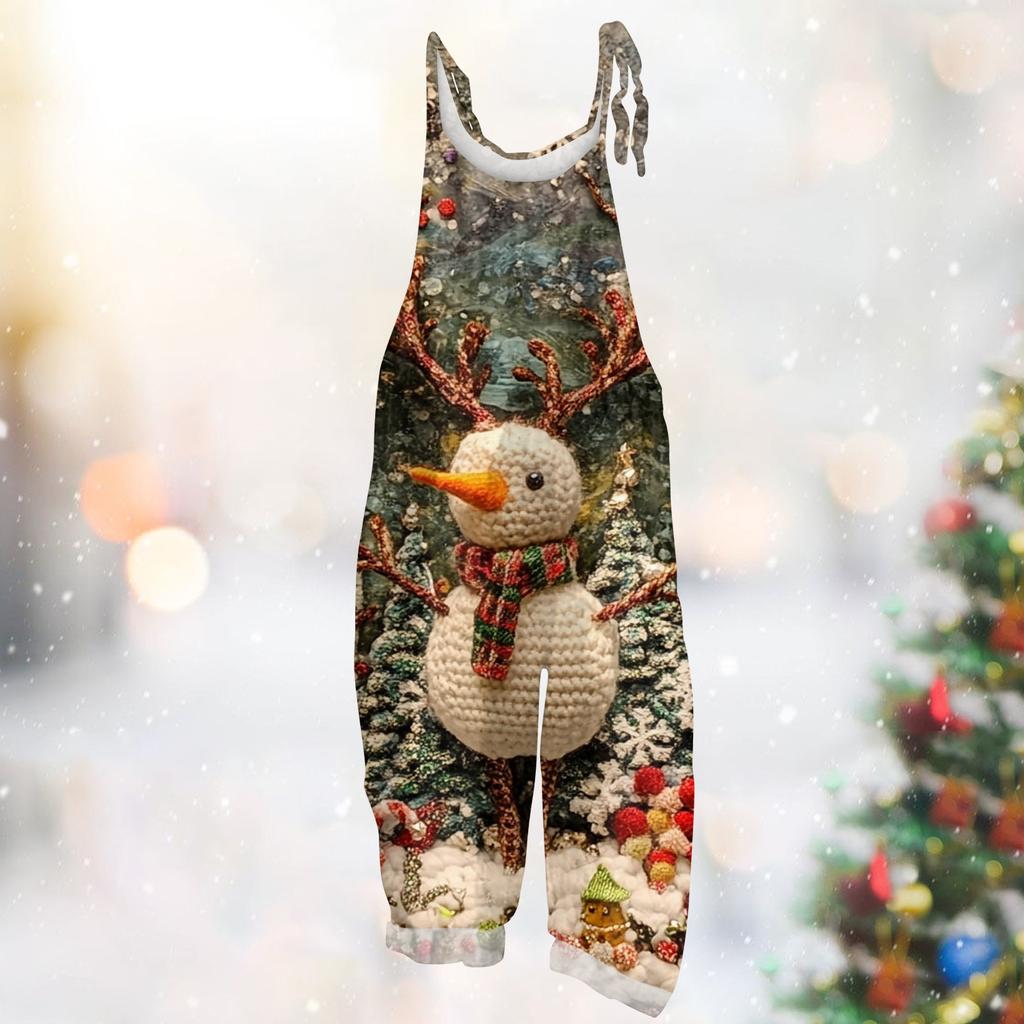 Frauen Overall Weihnachts Druck Beiläufige Lose Vintage Schulter Gurt Baumwolle Leinen