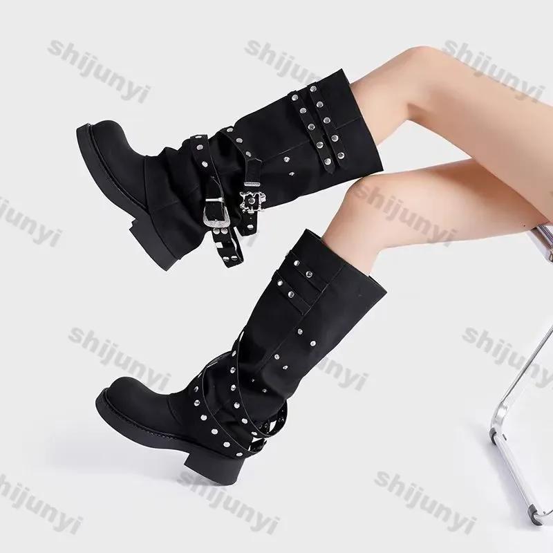 Fashion Women Platform Ankle High Pants Boots Winter Leather New Trend Fashion Designer Rivet Buckle Thick Soled Chelsea Botas Mujer