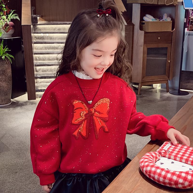 Girls New Year Fleece Hoodie Winter Warm One Piece Sweatshirt Stylish Kids Chinese Festival Top