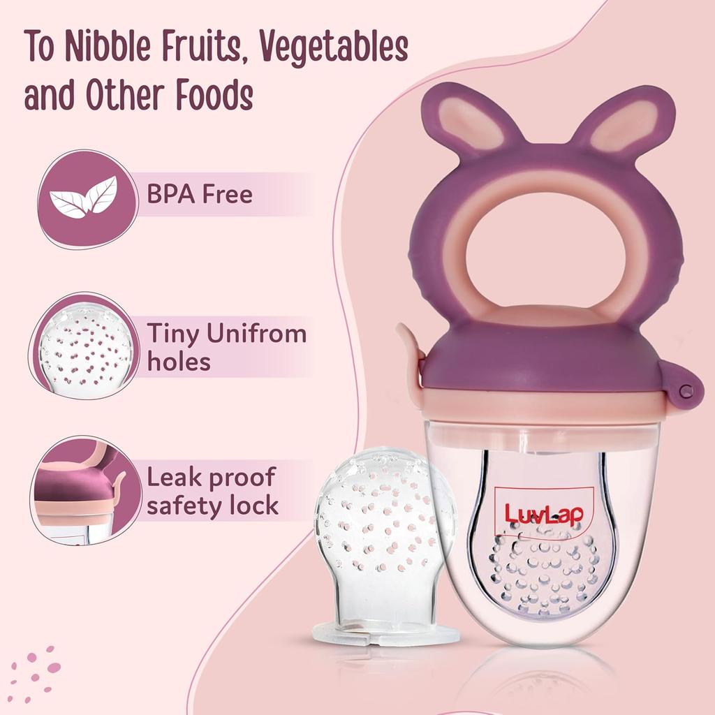 LuvLap Silicone Food Nibbler With Extra Mesh Soft Teether Feeder For Baby Infants Safe BPA Free Bunny Design Violet Pink Pack of 2