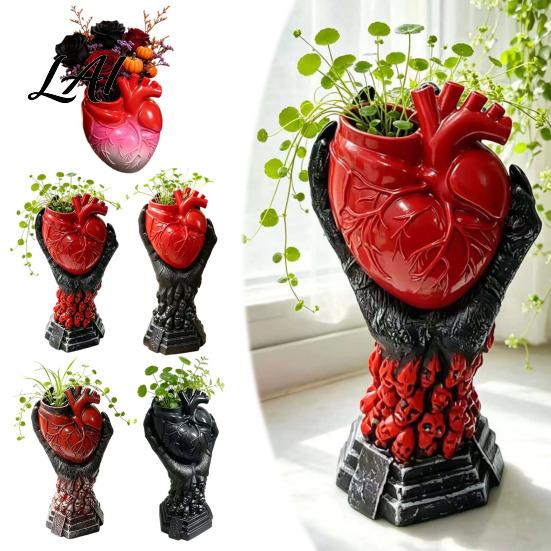 Skull Base Ornament Hand Holding Human Heart Organ Vase Gothic Anatomical Shaped Planter Spooky Halloween Desktop Flower Pot for Living Room