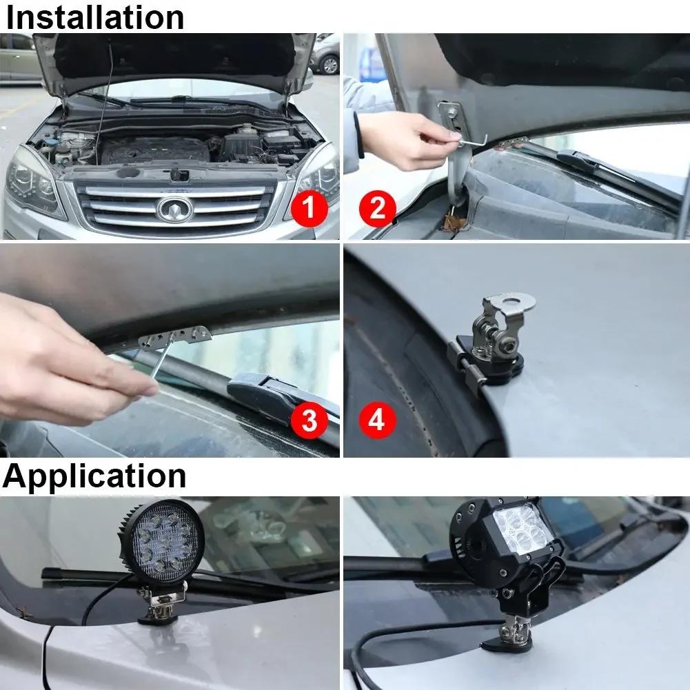 2pcs Stainless Steel Universal Car Auto A-Pillar Hood LED Work Light Bracket Holder Clamp Engine Cover Lamp Bar Mounting Clamp