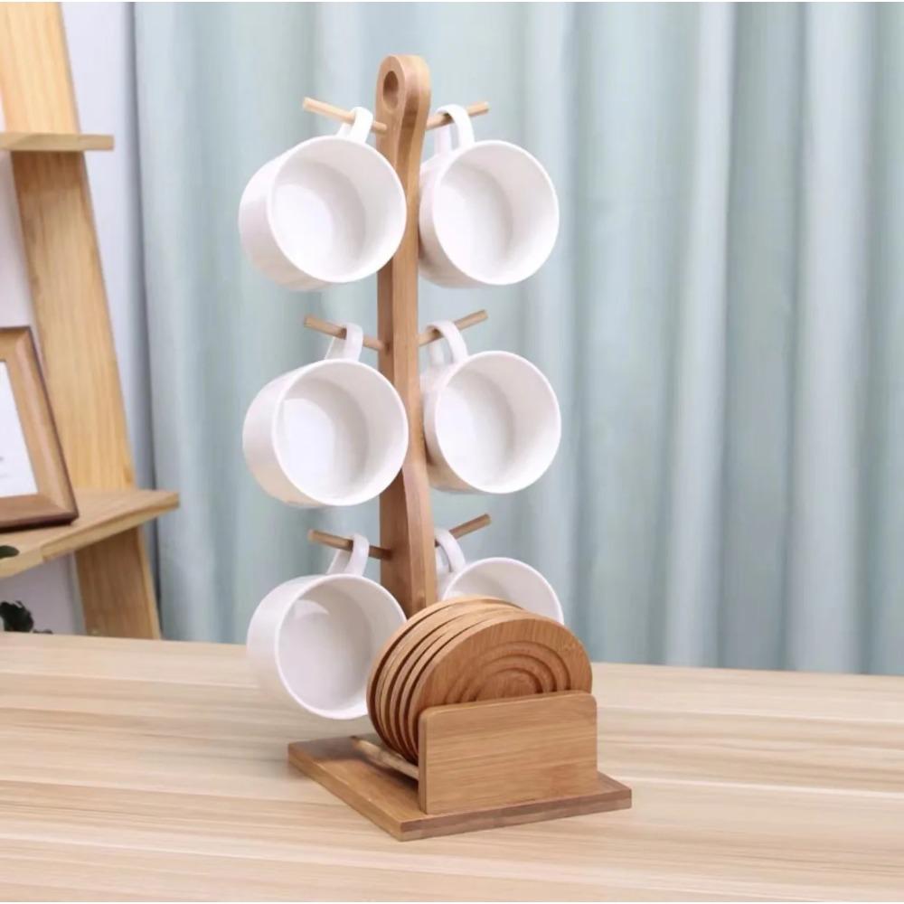 200ml Ceramic Coffee Cup Household Mug Creative Simple Hanging Cold Water Cup Set Kitchen Restaurant Tea Set Bamboo Wood Stand