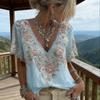 Women T-shirt V-Neck Short Sleeve 3D Imitation Jacquard Flower Decor Pullover Tops Loose Fit Summer Blouse Daily Wear