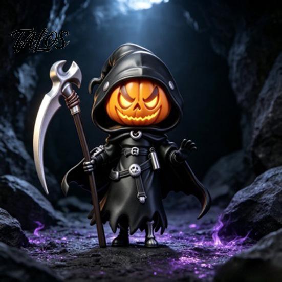 Integrated Resin Craft Ornaments Halloween Pumpkin Reaper Statue, Hooded Ornament, Black Robe Figurine Detailed Statue with Sickle Desktop Decor