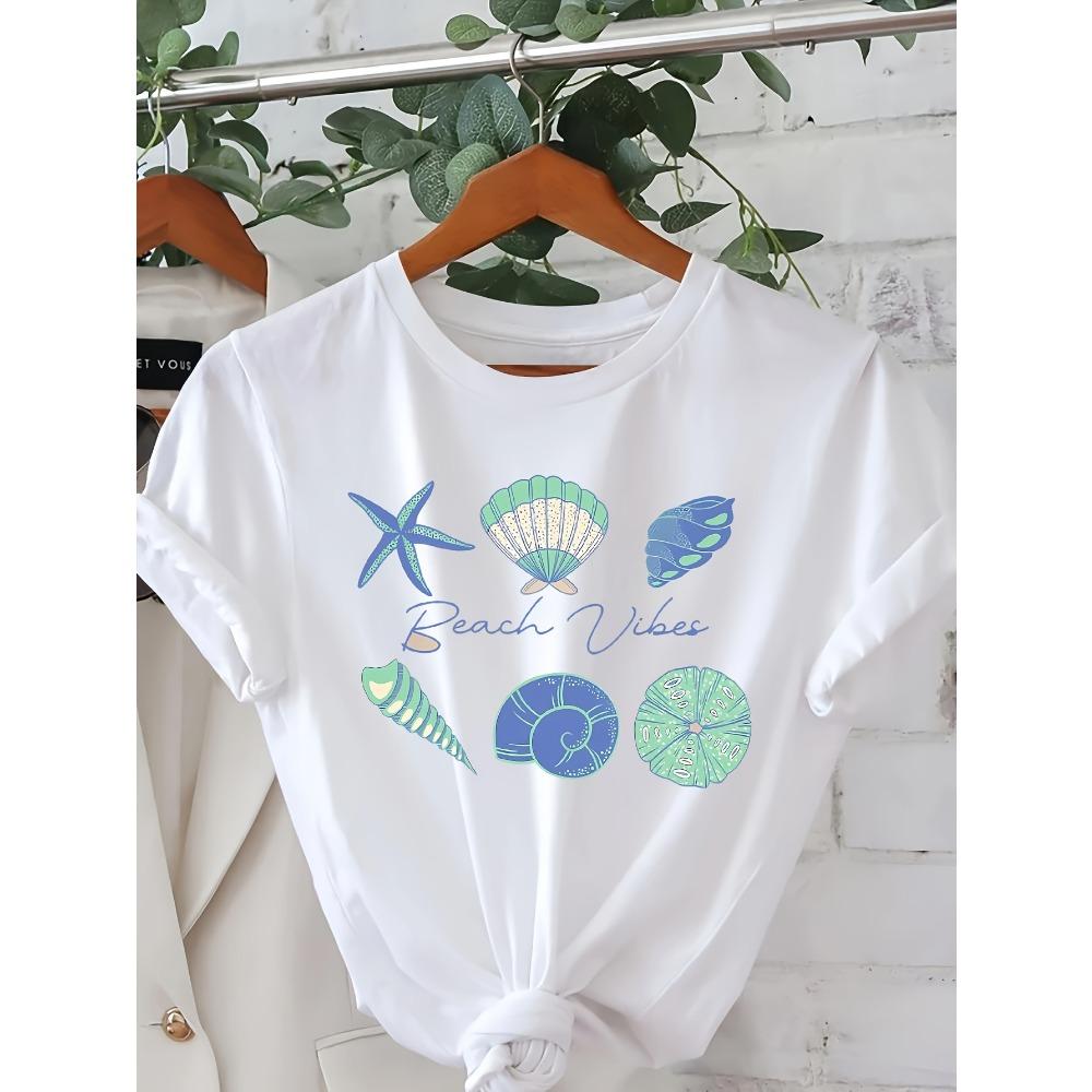 

Women Beach Style Pattern T-Shirt Short Sleeve Round Neck Casual Summer Top with Starfish and Shell Print Clothes S