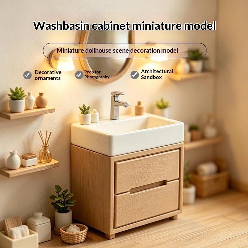 Miniature Vanity Sink Cabinet Dollhouse Furniture Modern Style Bathroom Model Ornament for Collection Display