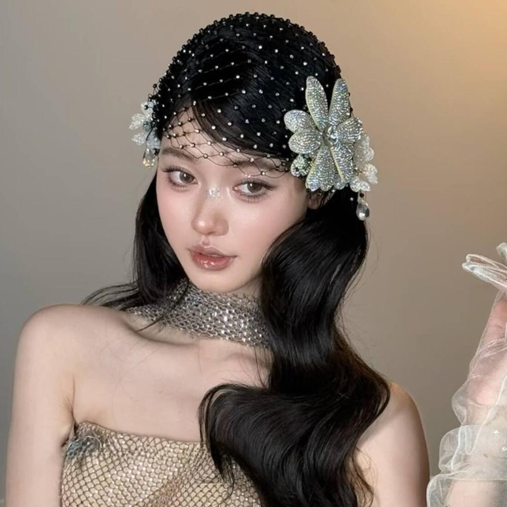 Retro Rhinestones Flower Net Hat Hollow DIY Bridal Headdress Black Handmade Wedding Headwear