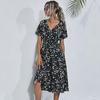 Women Summer Fall Casual Floral Print V-neck Short Sleeve High Waist Slim A-Line Long Dress S-XL