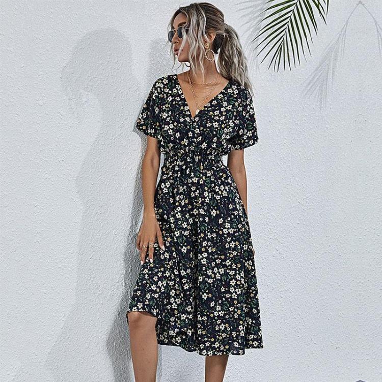 Women Summer Fall Casual Floral Print V-neck Short Sleeve High Waist Slim A-Line Long Dress S-XL