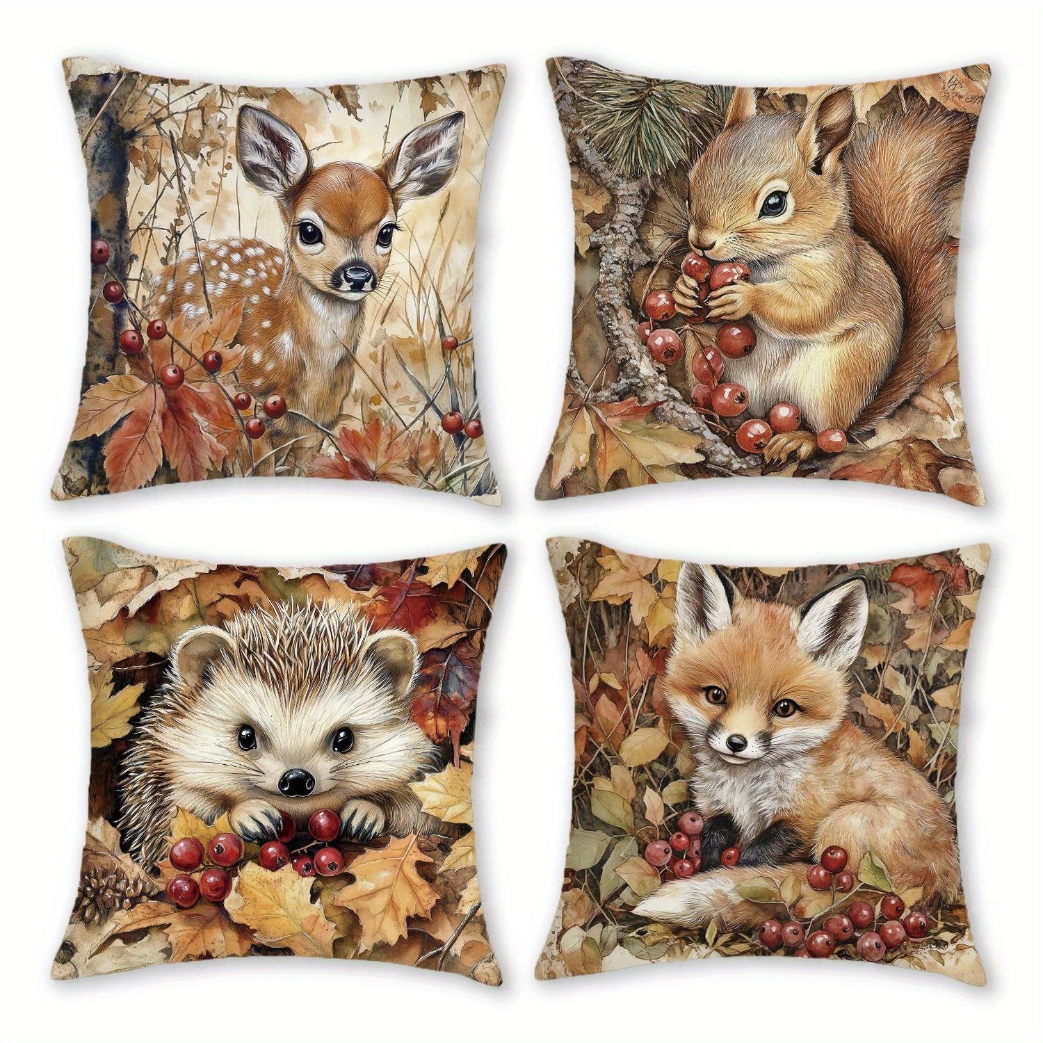 4pcs Short Plush Fall Woodland Animals Throw Pillow Covers 18x18 Inch - Cute Hedgehog Squirrel Fox Autumn Leaves 4PCS