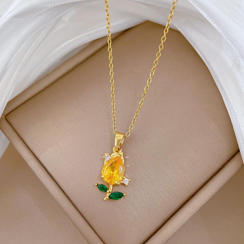 Champagne Gold Rose Set Light Luxury Temperament Gorgeous Full Diamond Necklace Women'S Versatile Collarbone Titanium Steel Chain